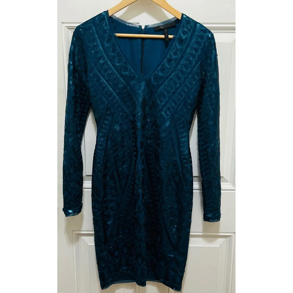 BCBGMAXAZRIA Teal Blue Sequin Geometric Long Sleeve V-Neck Bodycon Mini Dress M